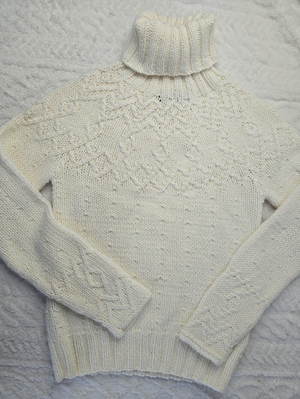 The Limited Turtleneck Sweater Ivory Cable Knit Crystal Beaded Wool Blend M